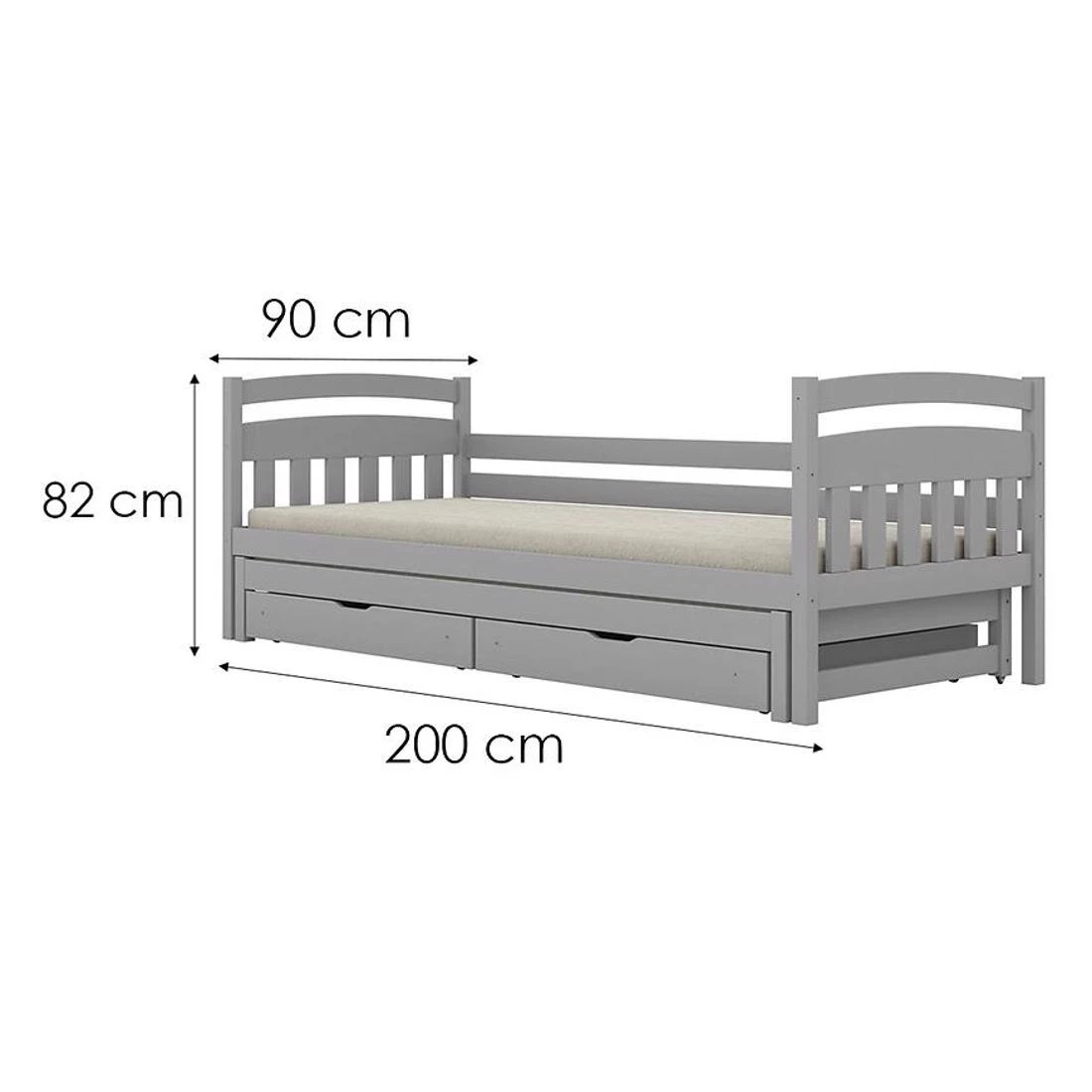 Tosia krevet sa dodatnim prostorom za spavanje + fioke, 90x200 cm siva