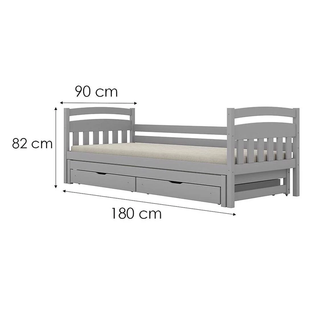 Tosia krevet sa dodatnim prostorom za spavanje + fioke, 90x180 cm siva