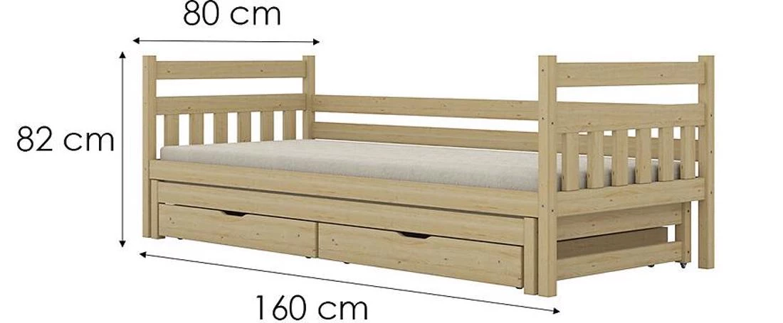 Dawid krevet s dodatnim prostorom za spavanje + fioke, 80x160 cm prirodni, nelakirani
