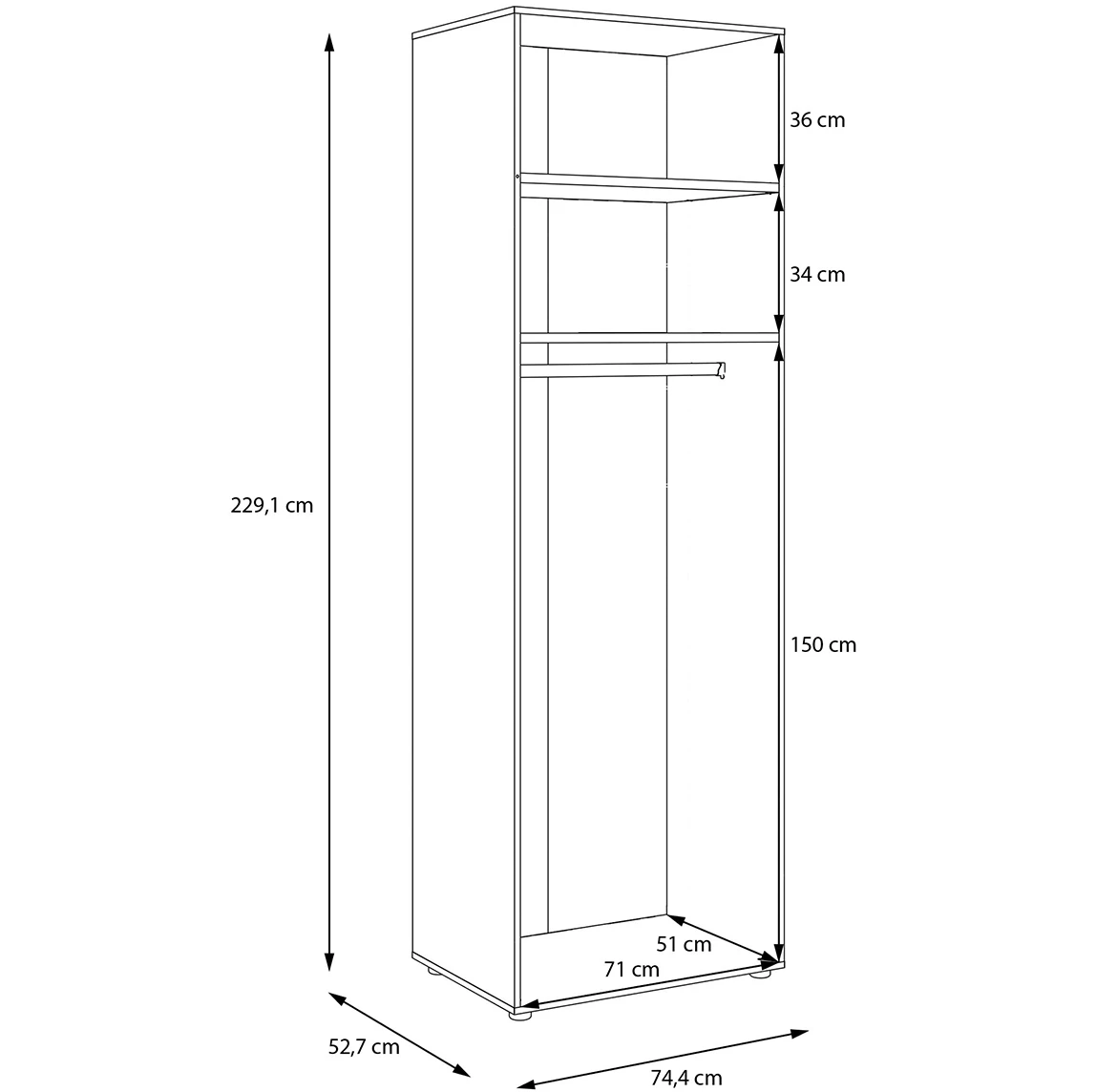 Moduklix korpus garderobera 74.4x230.1 cm hrast