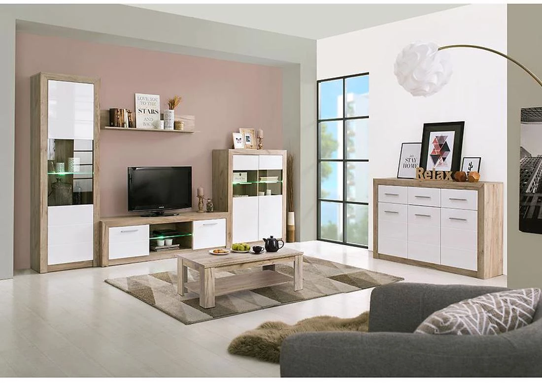 Etna komoda 133x35x90,5 cm sivi hrast/beli sjaj