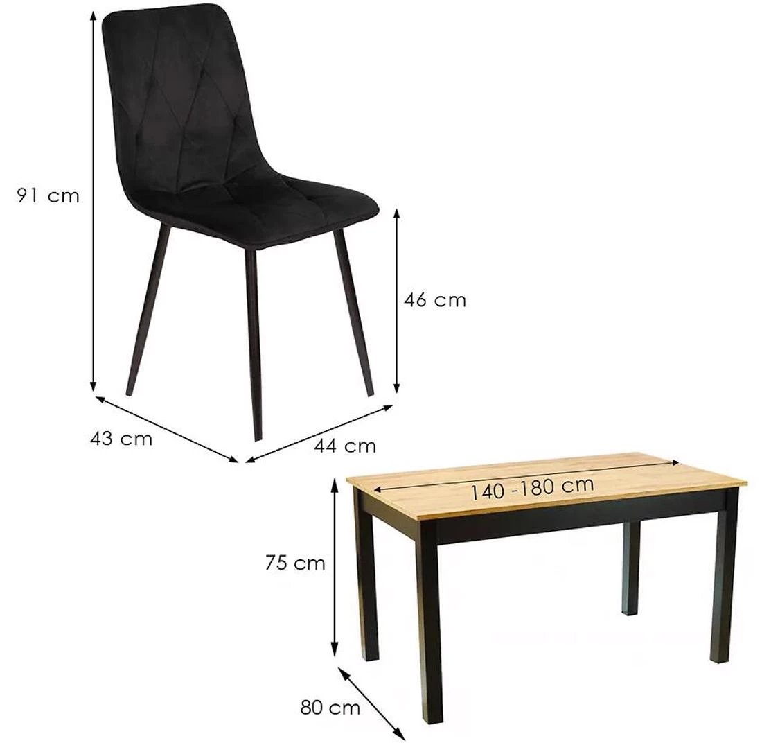 Sabina set sto i stolica 1+6 80x140(180)x75 votan/crno