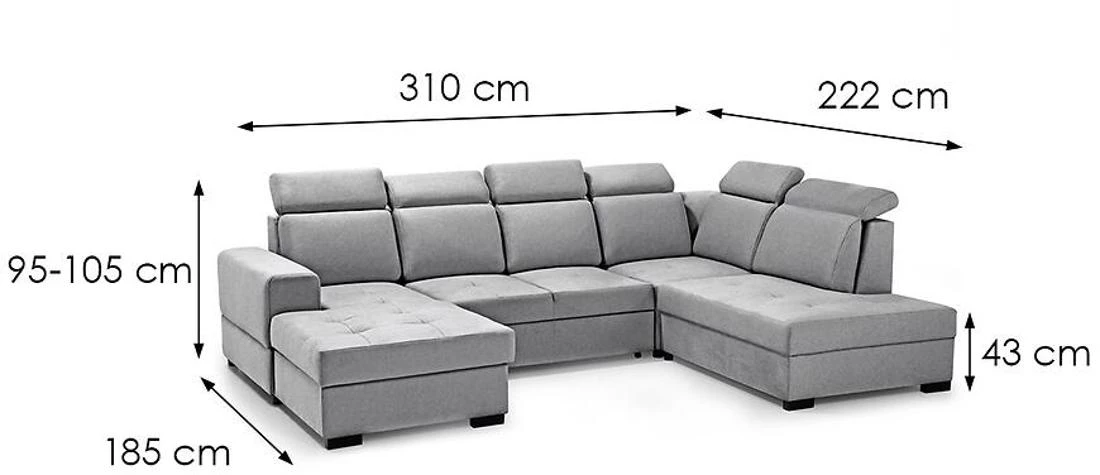 Axel U Voss 07 kutna garnitura s ležajem i spremnikom 310x222x105 cm svijetlo siva desna