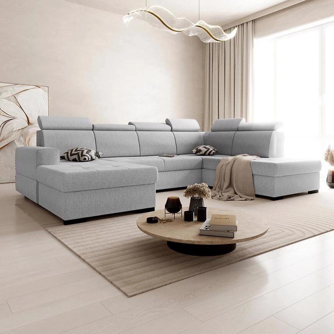Axel U Voss 07 kutna garnitura s ležajem i spremnikom 310x222x105 cm svijetlo siva desna