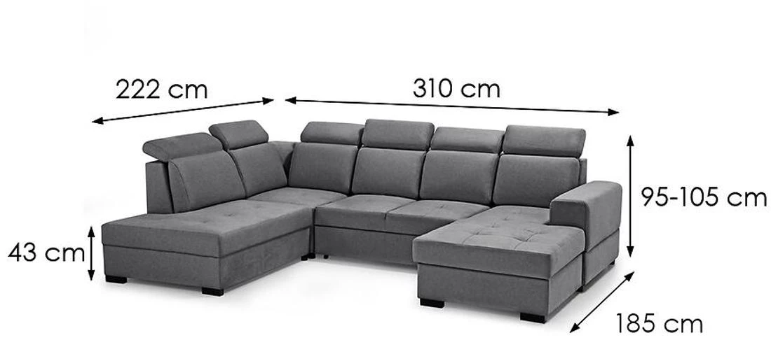 Axel U Voss 15 kutna garnitura s ležajem i spremnikom 310x222x105 cm siva lijeva