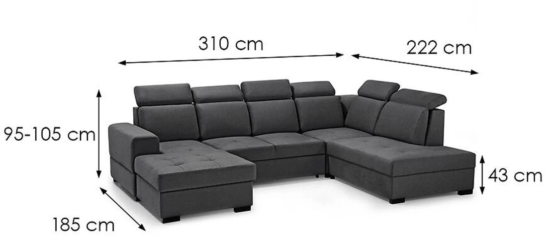 Axel U Voss 18 kutna garnitura s ležajem i spremnikom 310x222x105 cm tamno siva desna