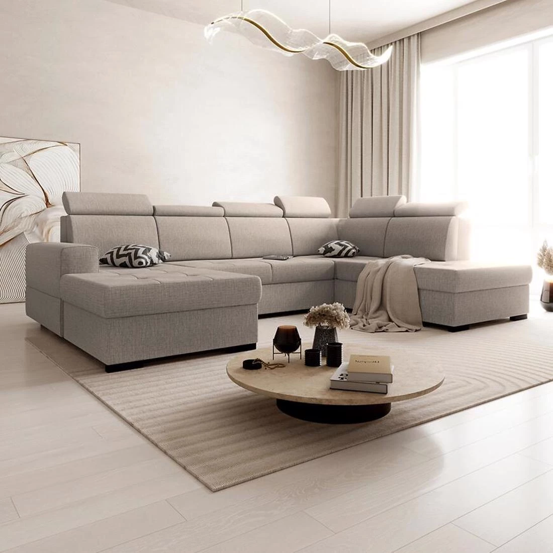 Axel U Voss 34 kutna garnitura s ležajem i spremnikom 310x222x105 cm bež desna