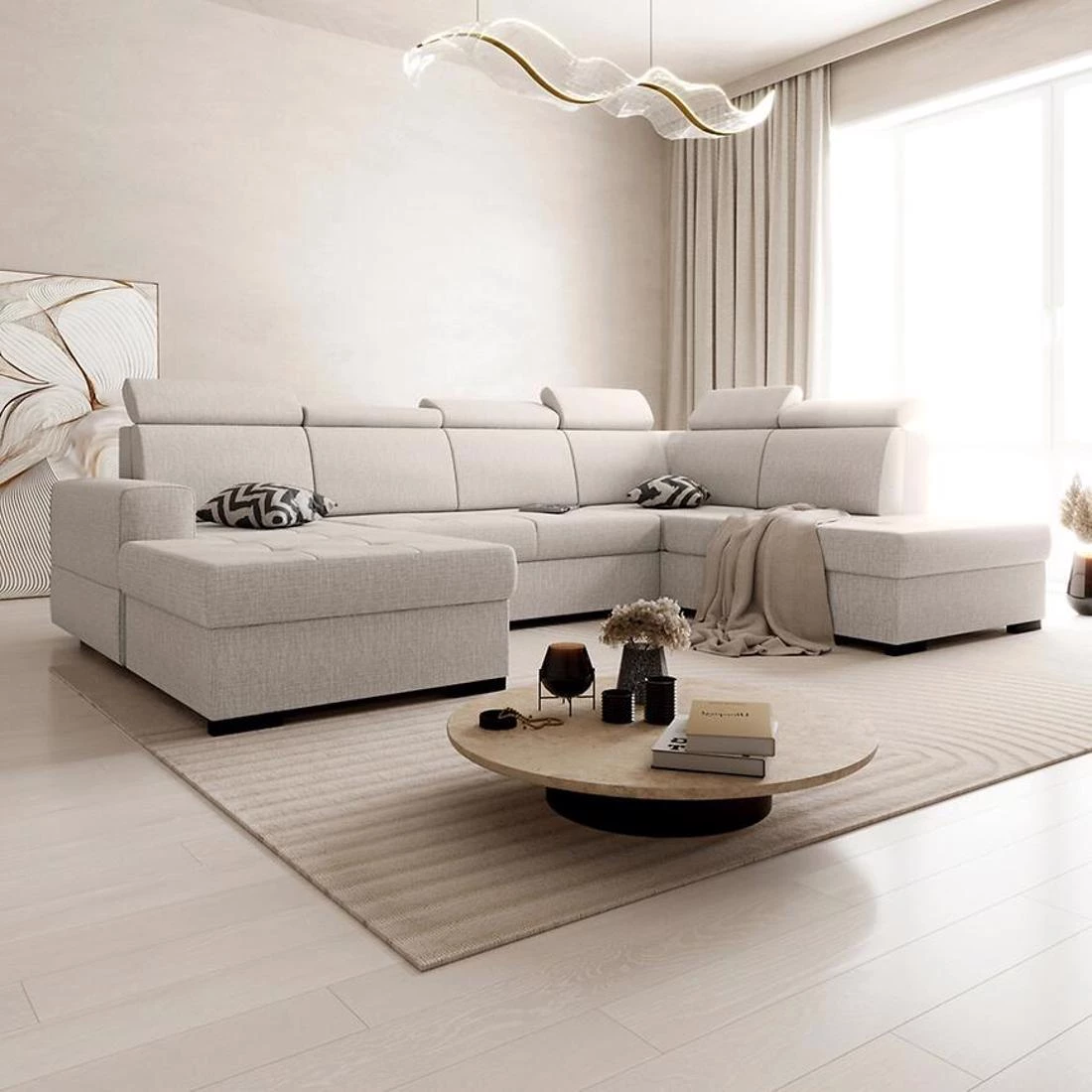 Axel U Voss 28 kutna garnitura s ležajem i spremnikom 310x222x105 cm bež desna
