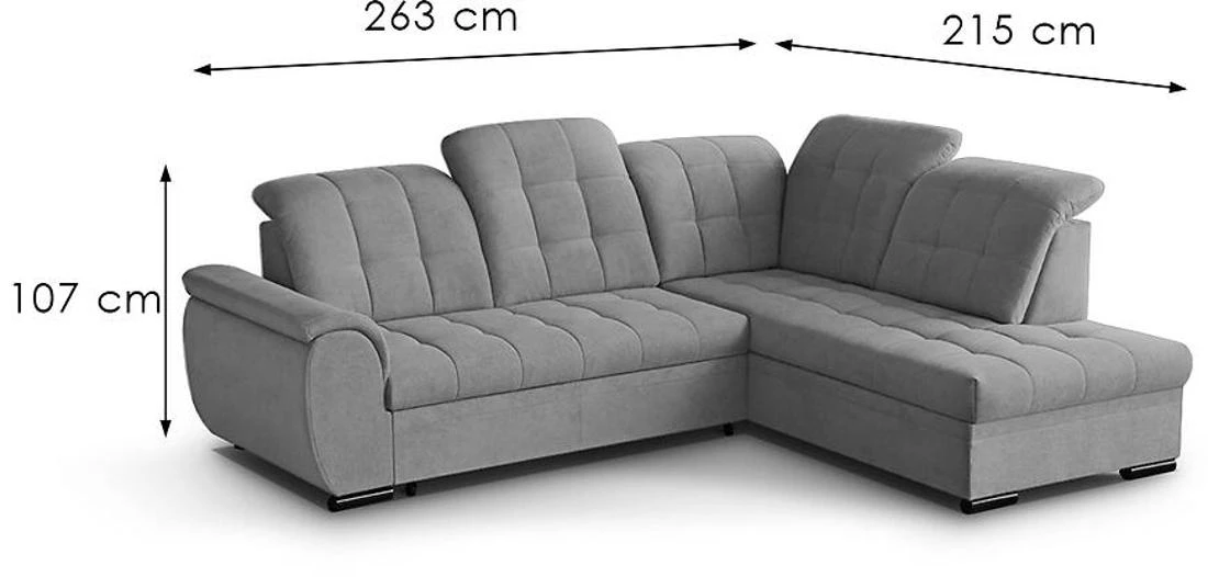 Bali Vardo 11 ugaona garnitura sa ležajem i prostorom za odlaganje 263x215x107 cm siva desna