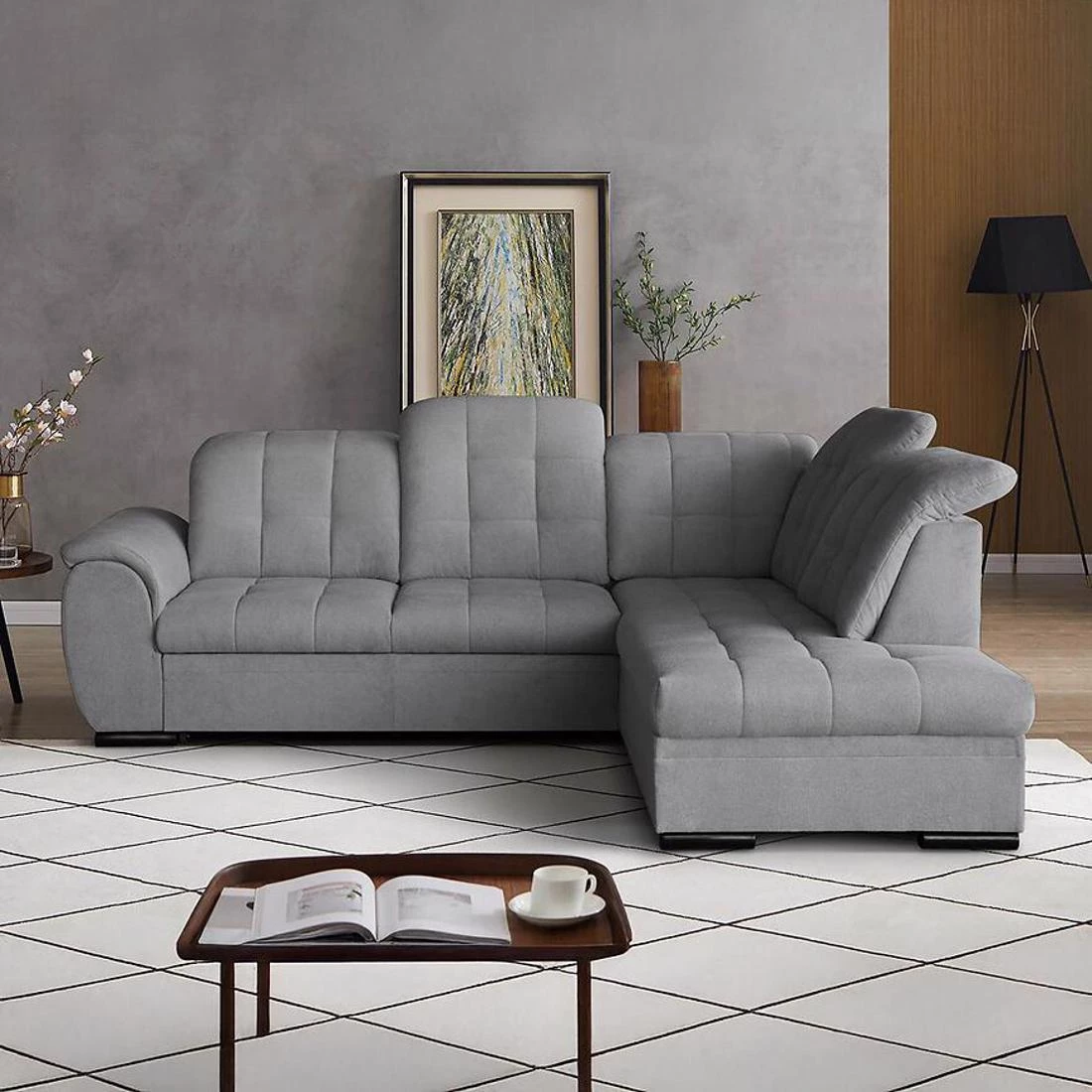 Bali Vardo 11 ugaona garnitura sa ležajem i prostorom za odlaganje 263x215x107 cm siva desna