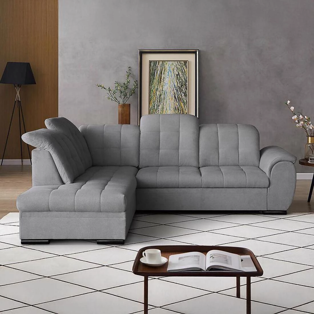 Bali Vardo 11 ugaona garnitura sa ležajem i prostorom za odlaganje 263x215x107 cm siva leva
