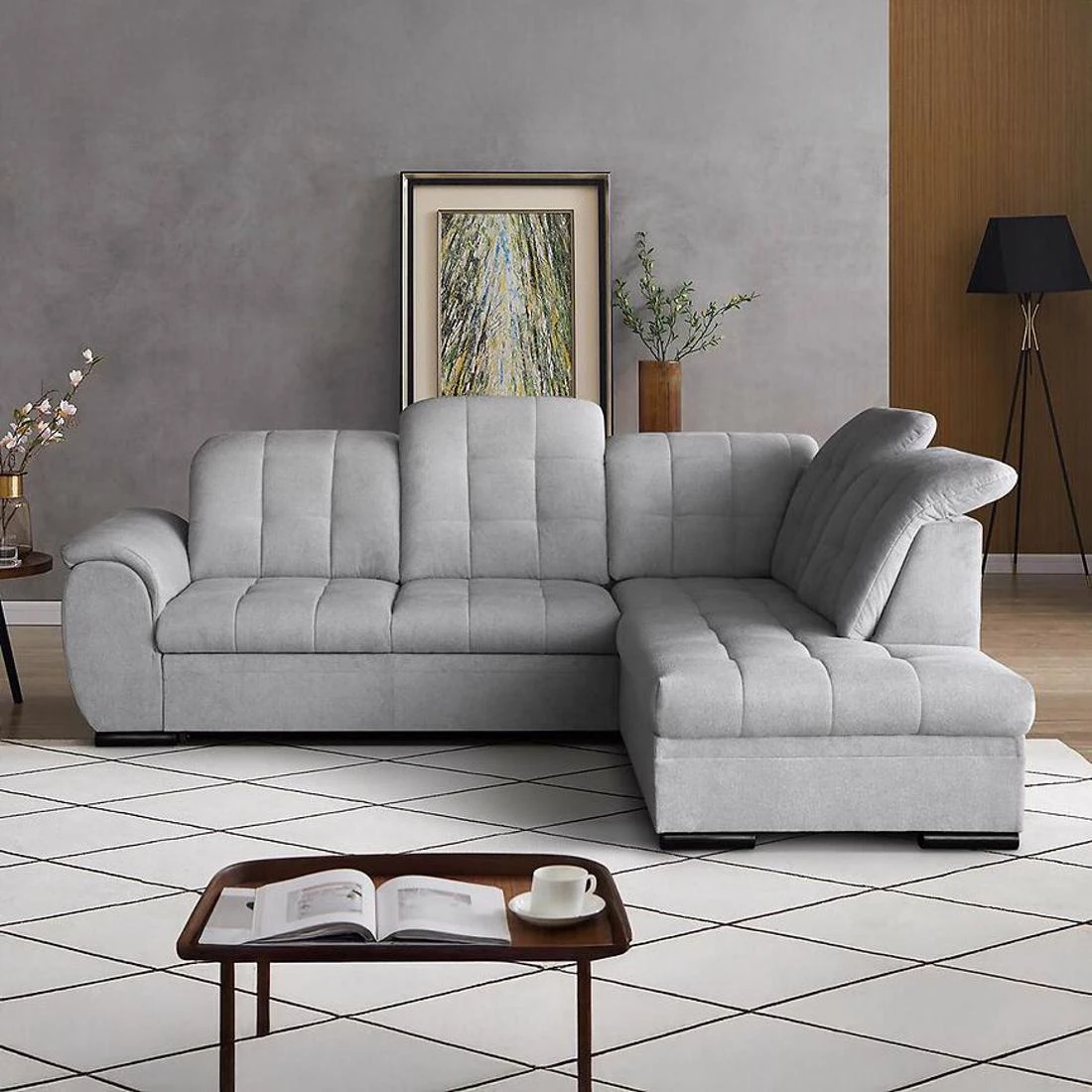 Bali Vardo 06 ugaona garnitura sa ležajem i prostorom za odlaganje 263x215x107 cm svijetlo siva desn