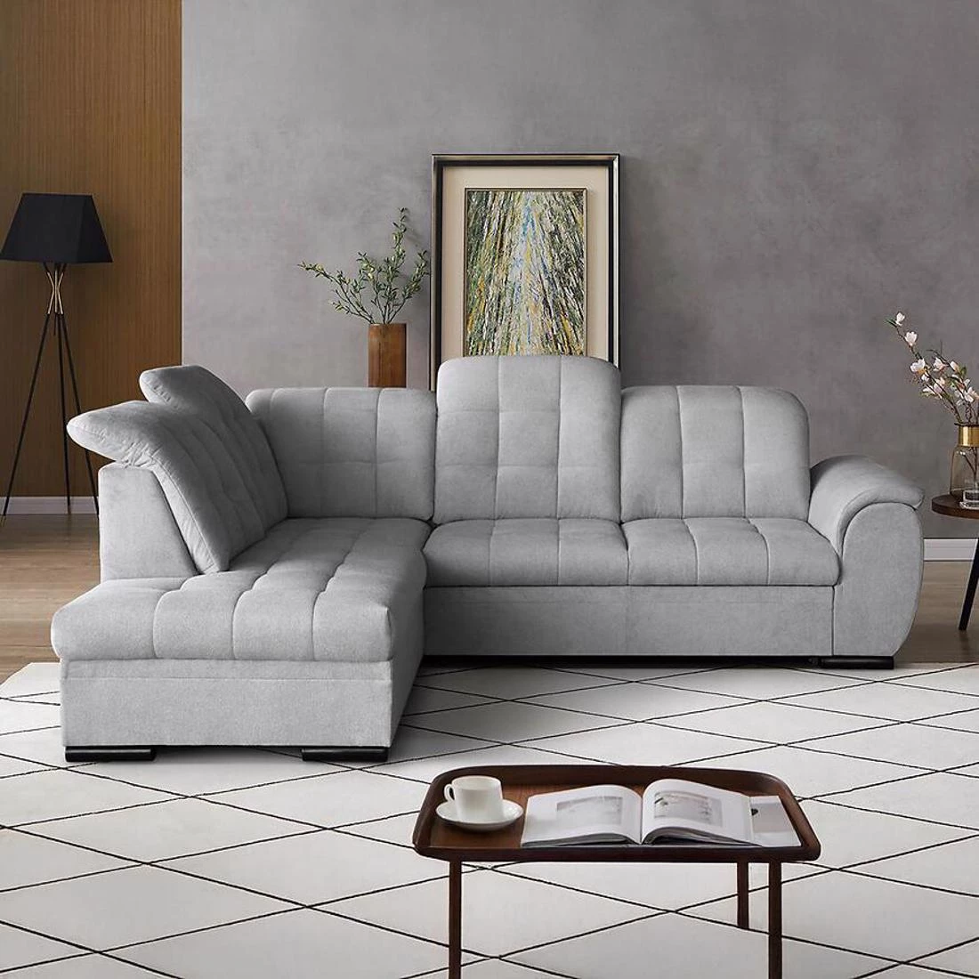 Bali Vardo 06 ugaona garnitura sa ležajem i prostorom za odlaganje 263x215x107 cm svijetlo siva leva