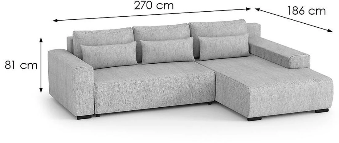 Benny L Modesto 481 ugaona garnitura sa ležajem i prostorom za odlaganje 270x186x81 cm siva desna