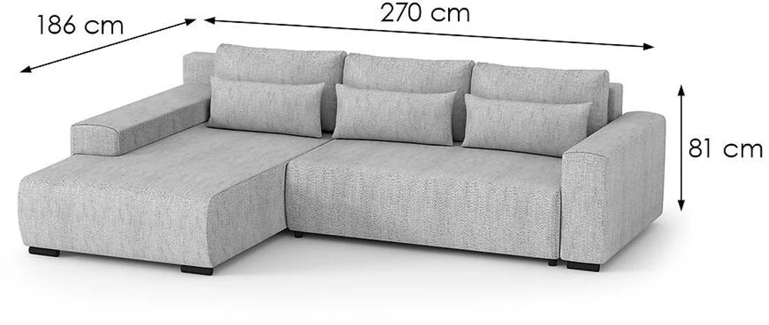 Benny L Modesto 481 ugaona garnitura sa ležajem i prostorom za odlaganje 270x186x81 cm siva leva