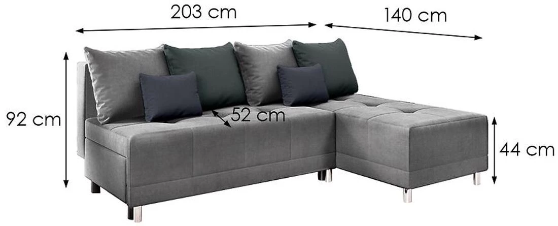 Max New Vena 18+16+15 ugaona garnitura sa ležajem i prostorom za odlaganje 203x140x92 cm siva reverz