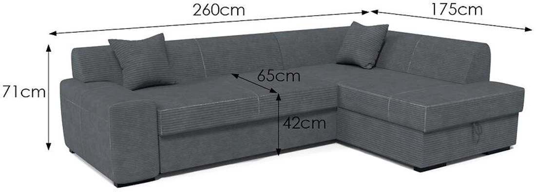 Minos P Poso 60 ugaona garnitura sa ležajem i prostorom za odlaganje 260x175x71 cm siva desna