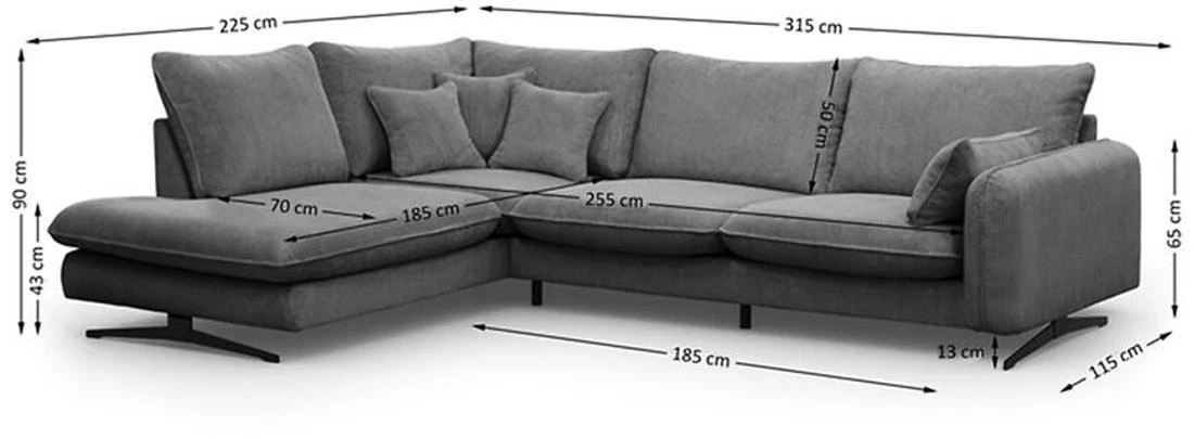 Prince L Poso 60 kutna garnitura 315x225x90 cm siva leva