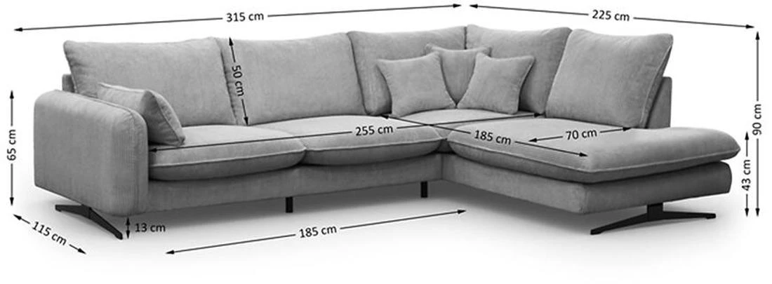Prince L Poso 55 kutna garnitura 315x225x90 cm siva desna
