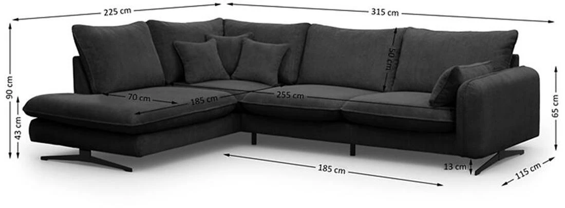 Prince L Poso 34 kutna garnitura 315x225x90 cm tamno siva leva