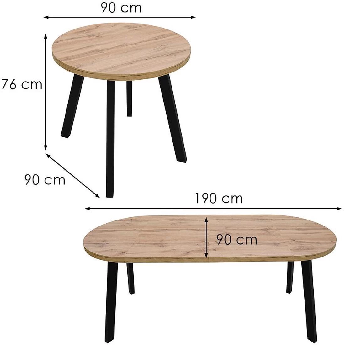 Stol 90(190)x90x76 cm wotan/crna