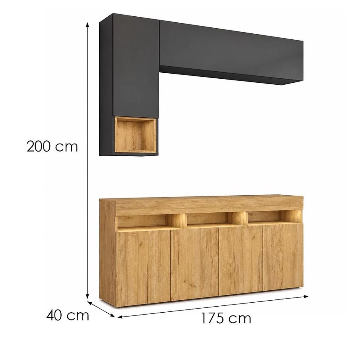 Izumi regal 175x40x200 sjajno crna/hrast