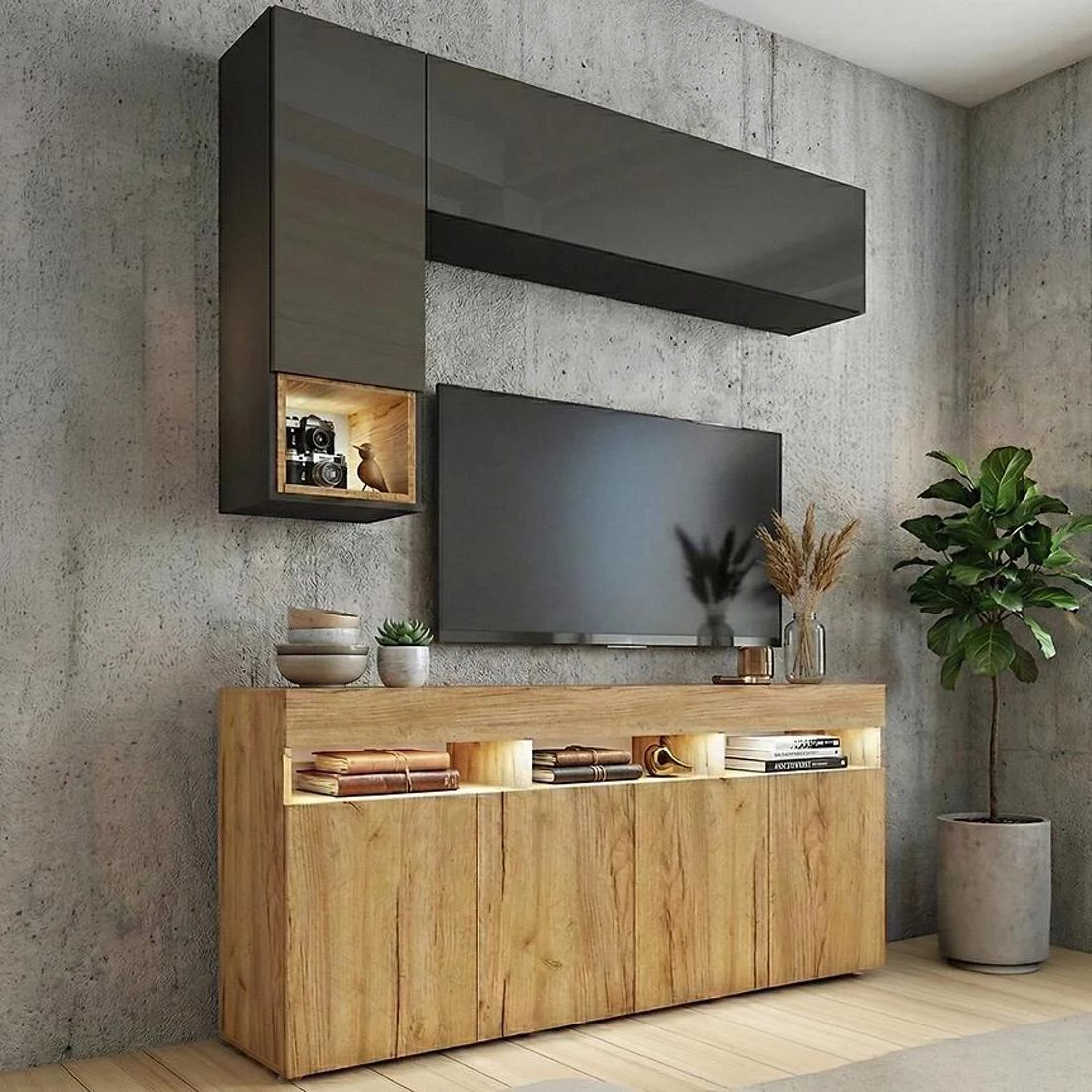 Izumi regal 175x40x200 sjajno crna/hrast