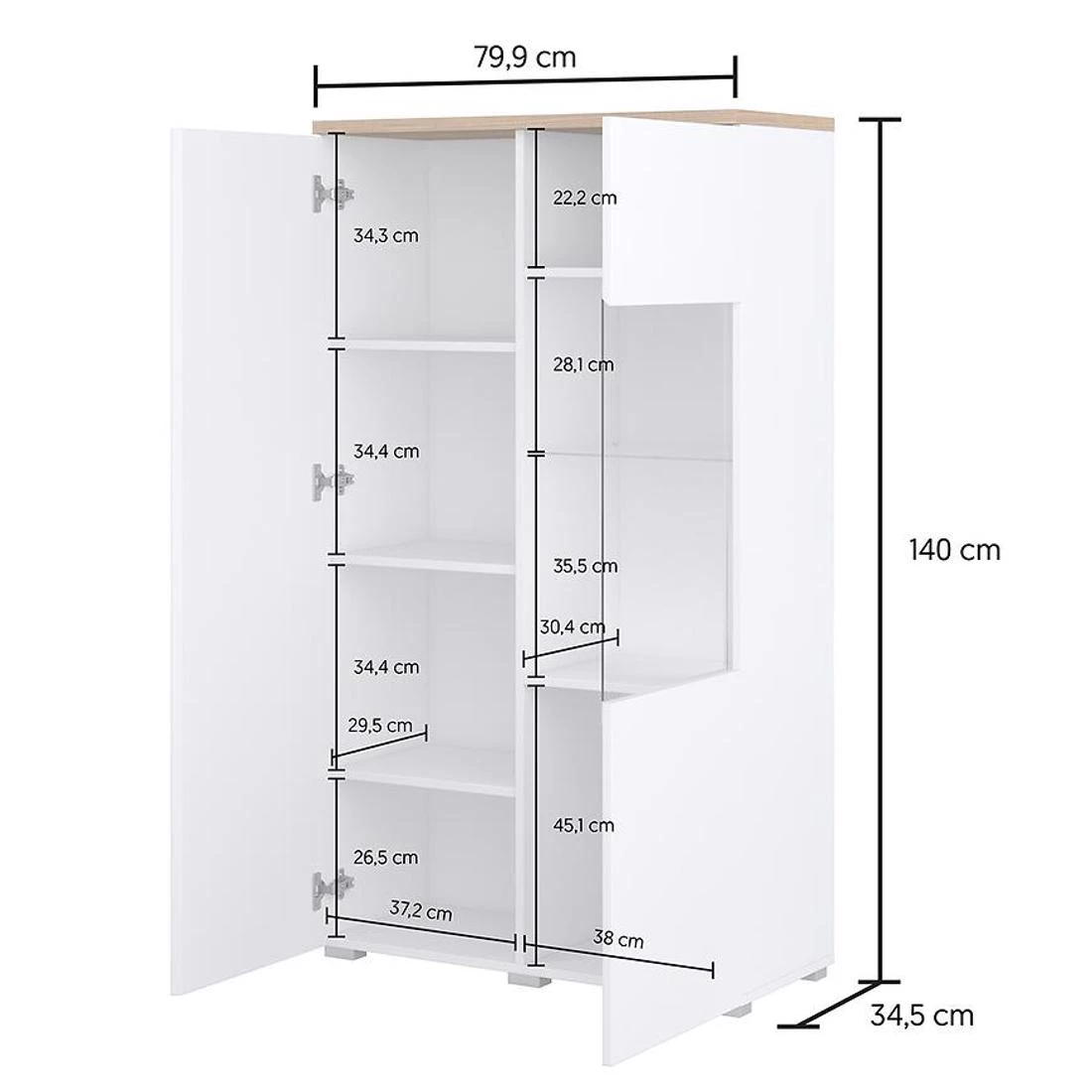 Modo vitrina 2V 79,9X34,5X140 cm maubella hrast/bijela