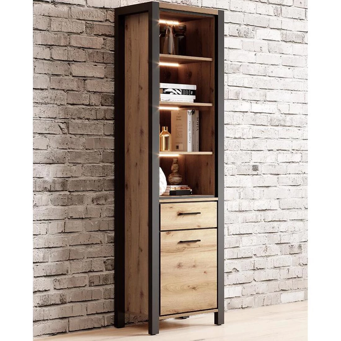 Aktiv vitrina 1V+1L. 55x41x200 cm taurus hrast/crna