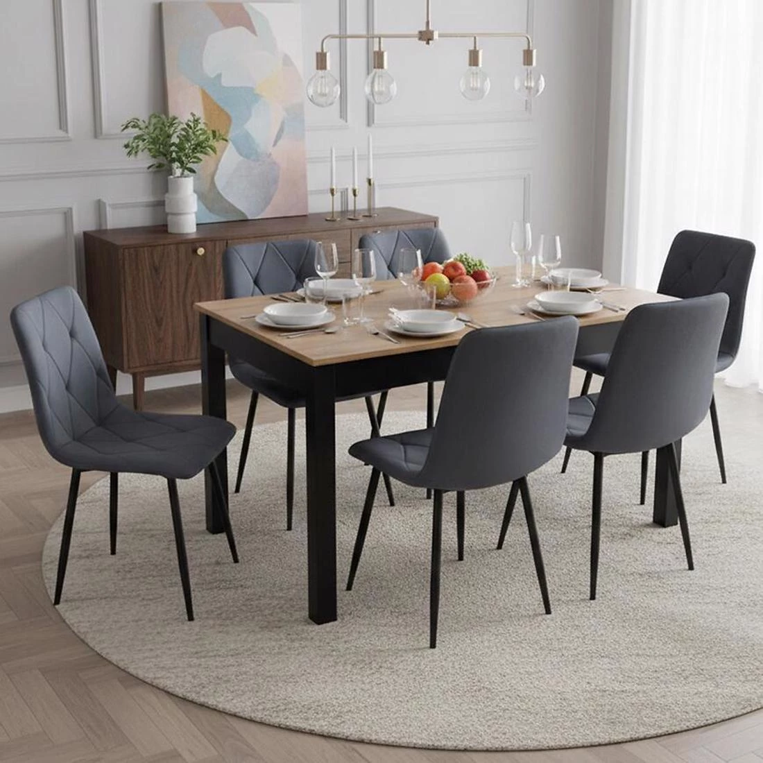 Lukasz set stol i stolice 1+6 80x140(180)x75cm hrast wotan/crna