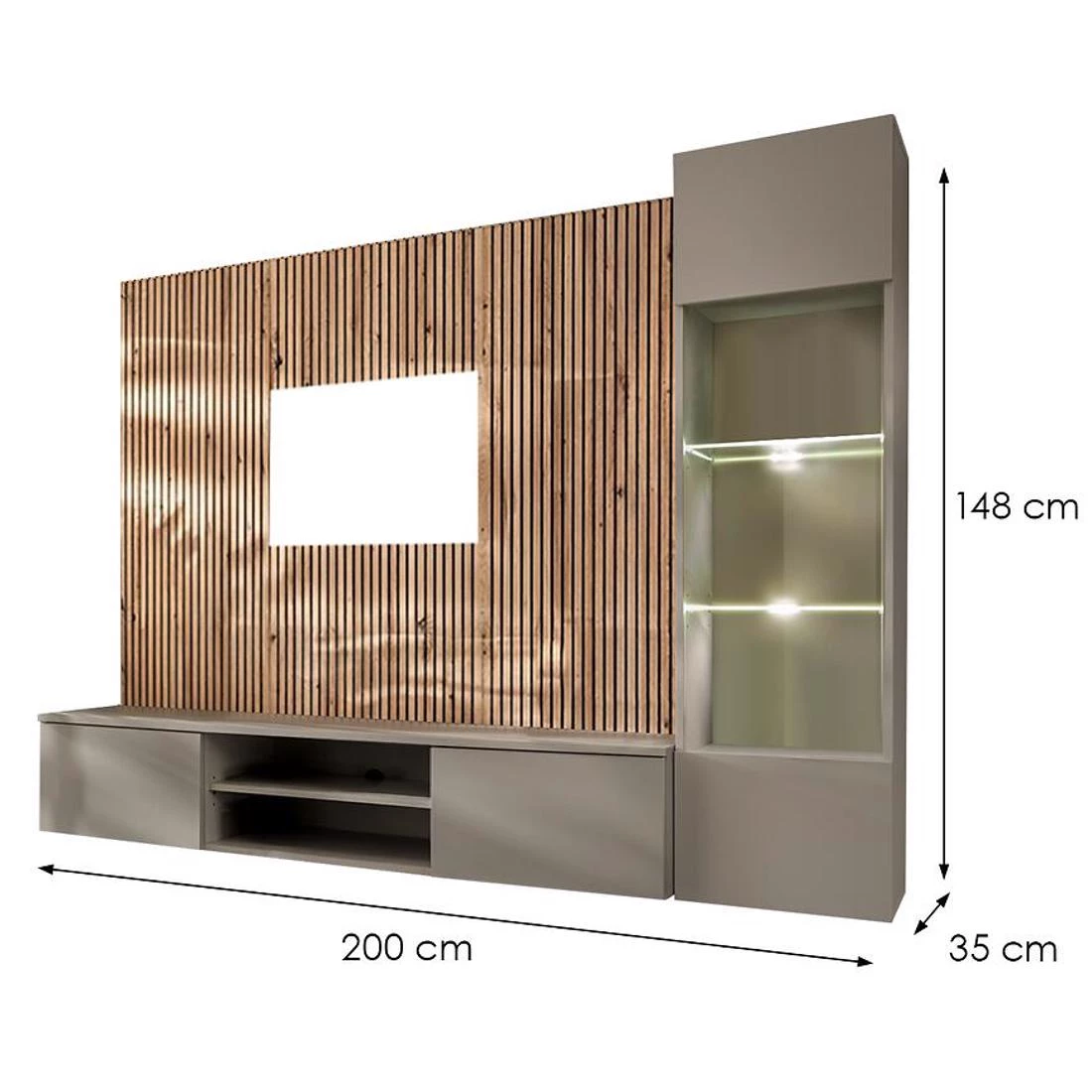 Xari regal 200x35x148 cm + biokamin siva glina/hrast artisan