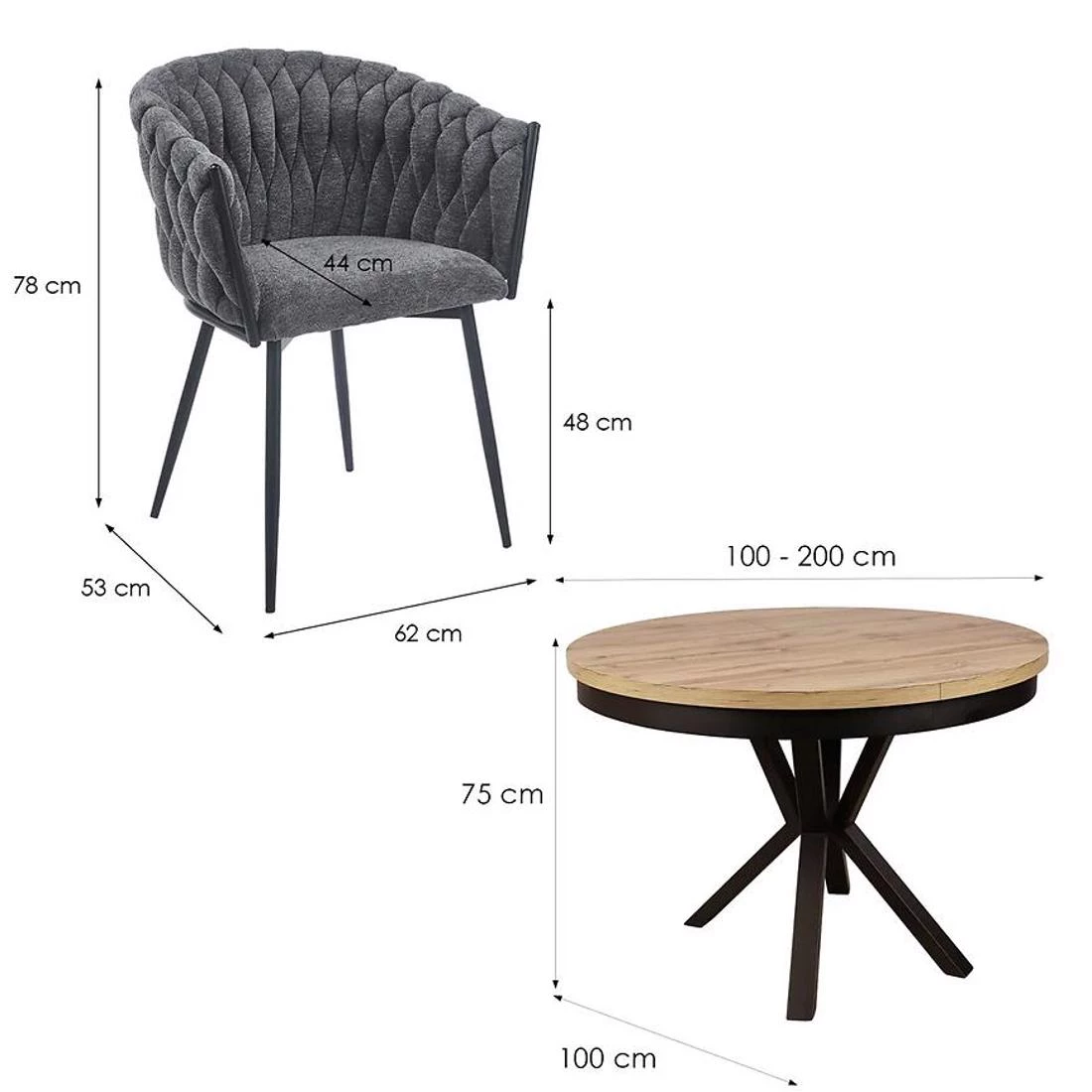 Viktoria set stola i stolica 1+4 100/200x100x76,62x53x47/78 cm hrast/siva