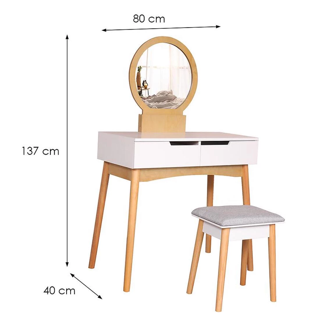 Sylvia 9515 toaletni stolic + tabure 80x40x137 cm bela/hrast