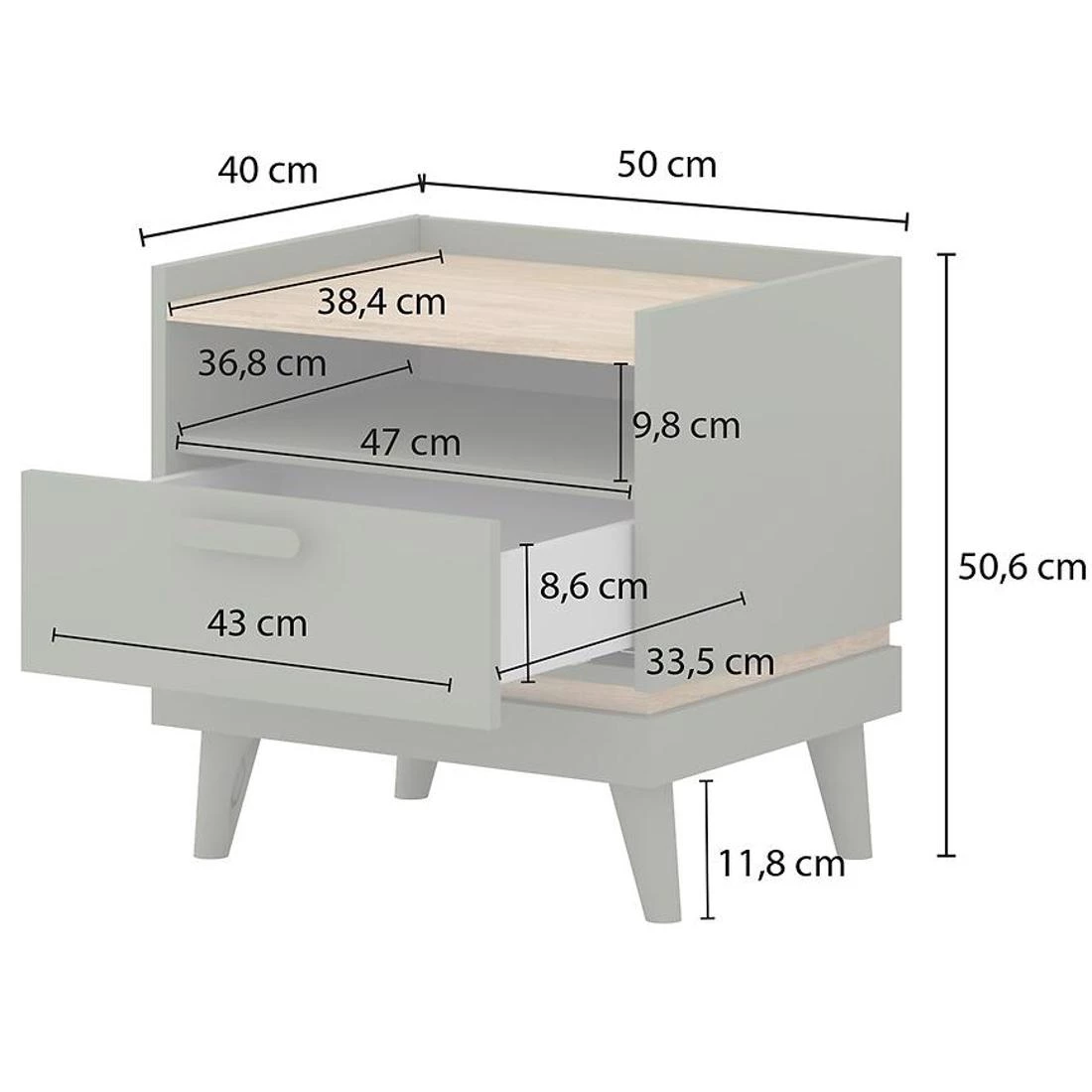 Scandi nocni ormaric 50x50x50.6 cm hrast/zelena