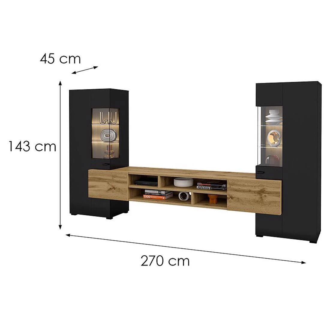 Coby regal 270x45x143 cm wotan hrast/crni oniks