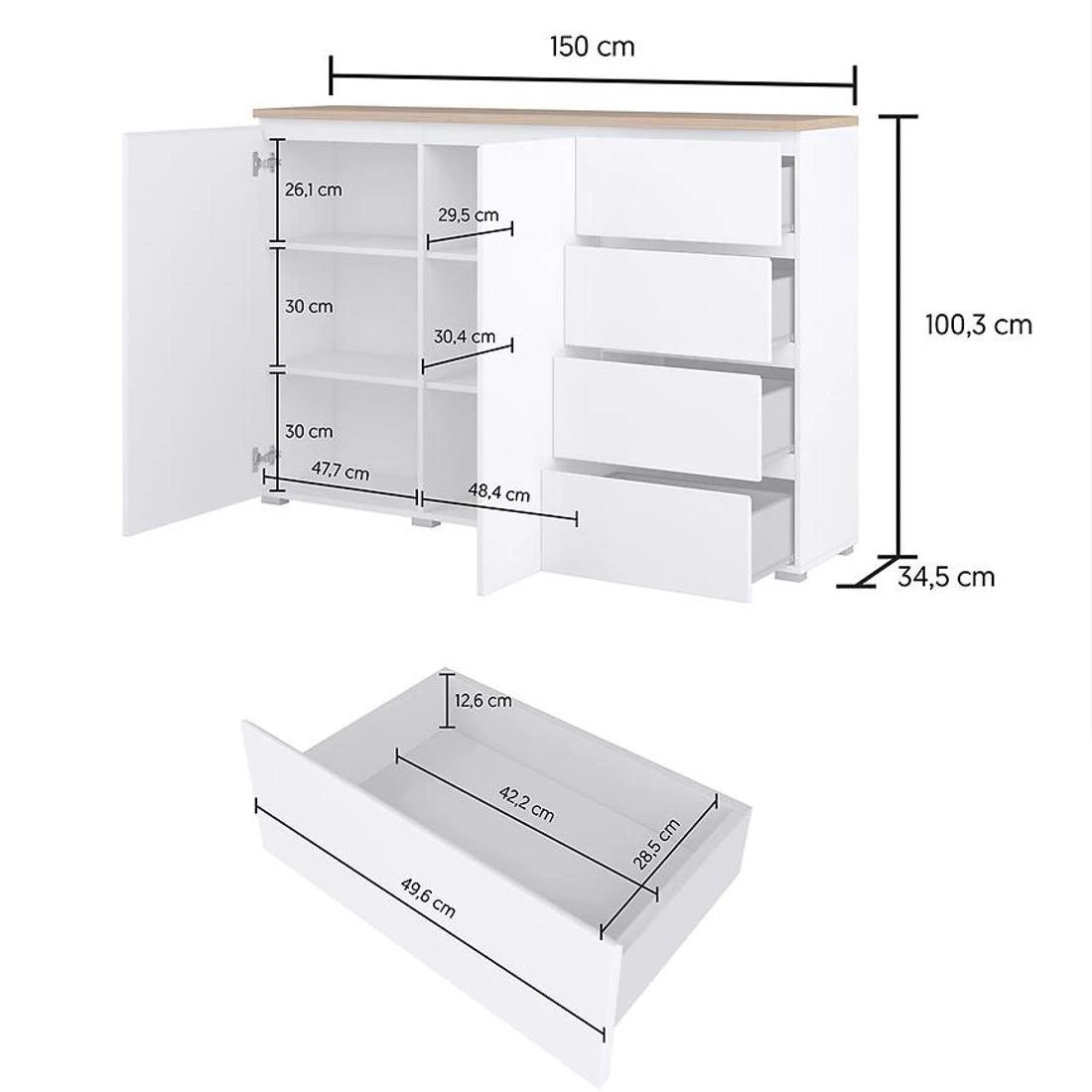 Modo komoda 150x34,5x100,3 bela/hrast