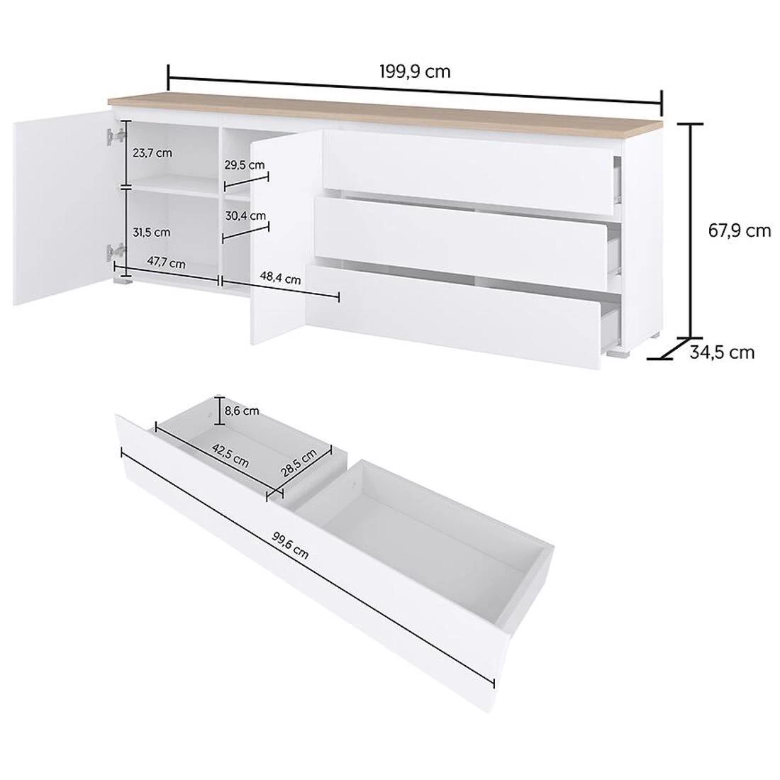 Modo komoda 199,9x34,5x67,9 bela/hrast