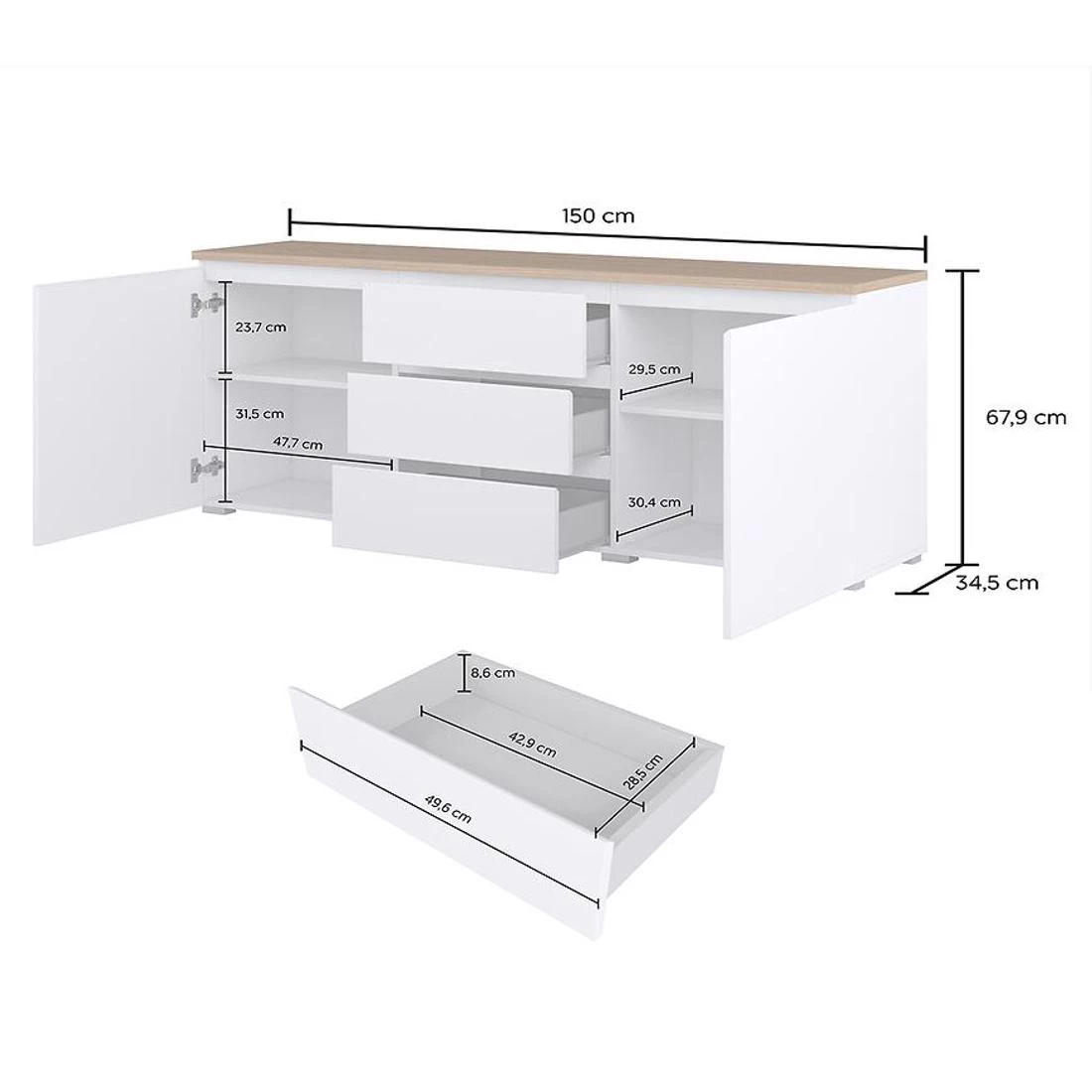Modo komoda 150x34,5x67,9 hrast/bela