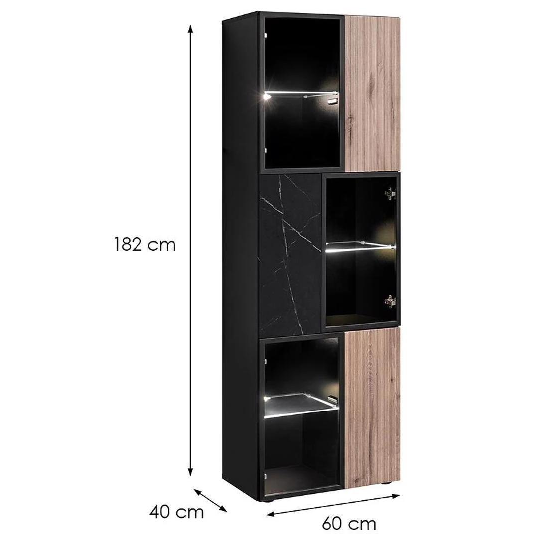 Cannes vitrina 60x40x182 cm crna/mramorno crna/hrast