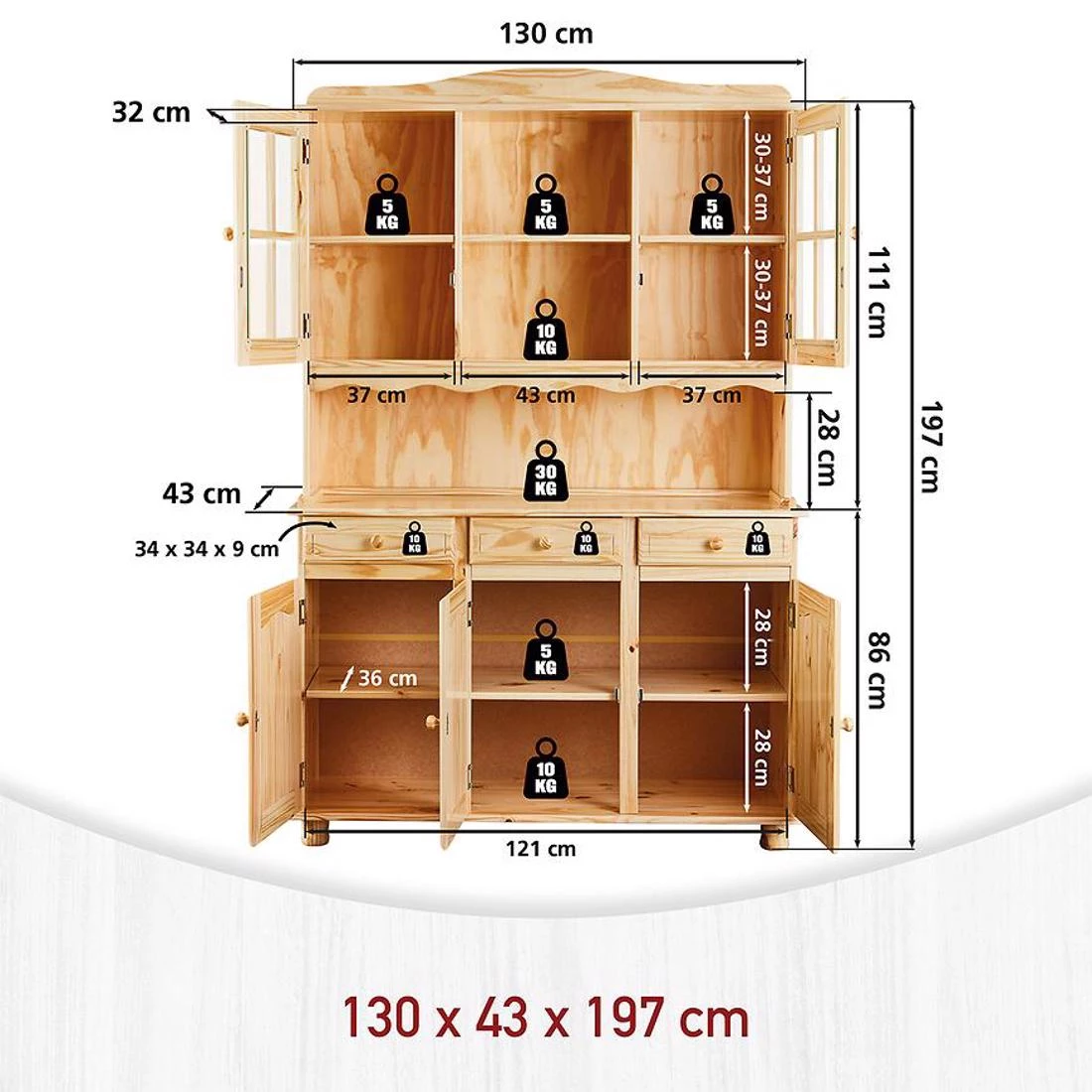 Alicante vitrina 5V+FL. 130X32X198 cm toskanski bor