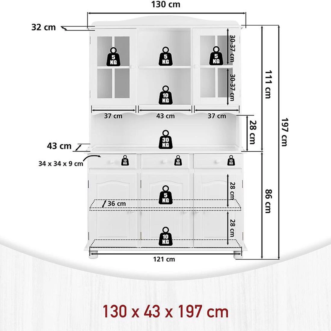 Siena vitrina 5V+3F. 130x32x198 cm bela