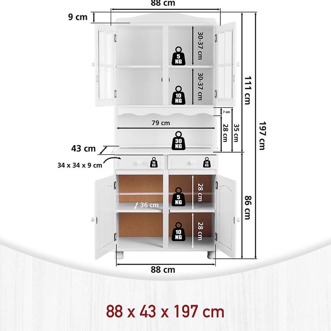 Valencia vitrina 4V+2F. 88x32x198 cm bela
