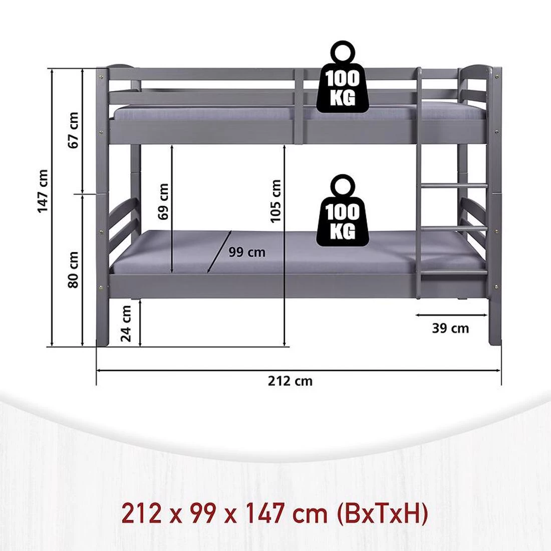 Lavius ????krevet na sprat 212x98,5x146,5 cm siva