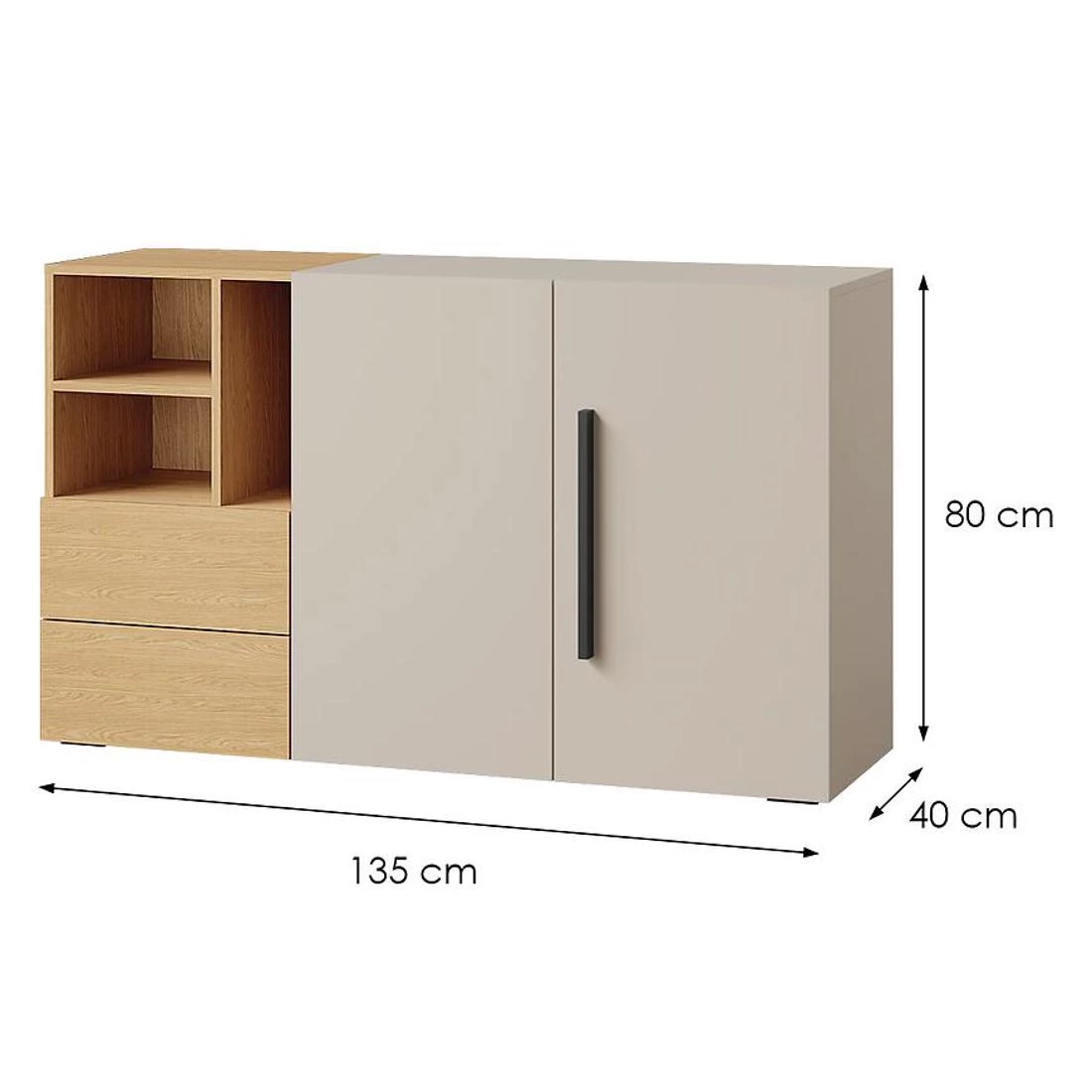 Lorin komoda 2 vrata + 7 fioke + 3 otvora 135x40x80 cm kašmir/ hrast