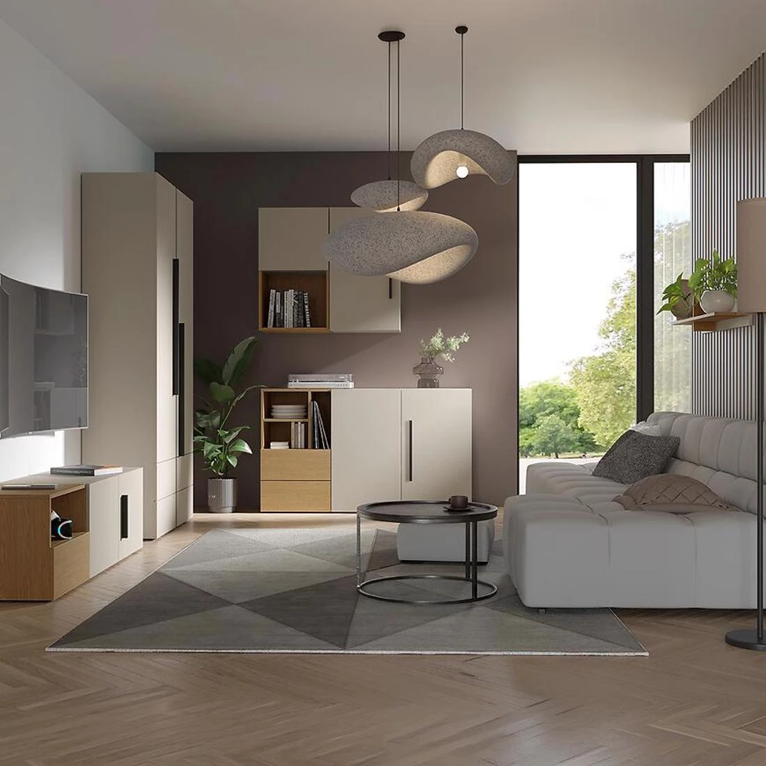 Lorin komoda 2 vrata + 7 fioke + 3 otvora 135x40x80 cm kašmir/ hrast