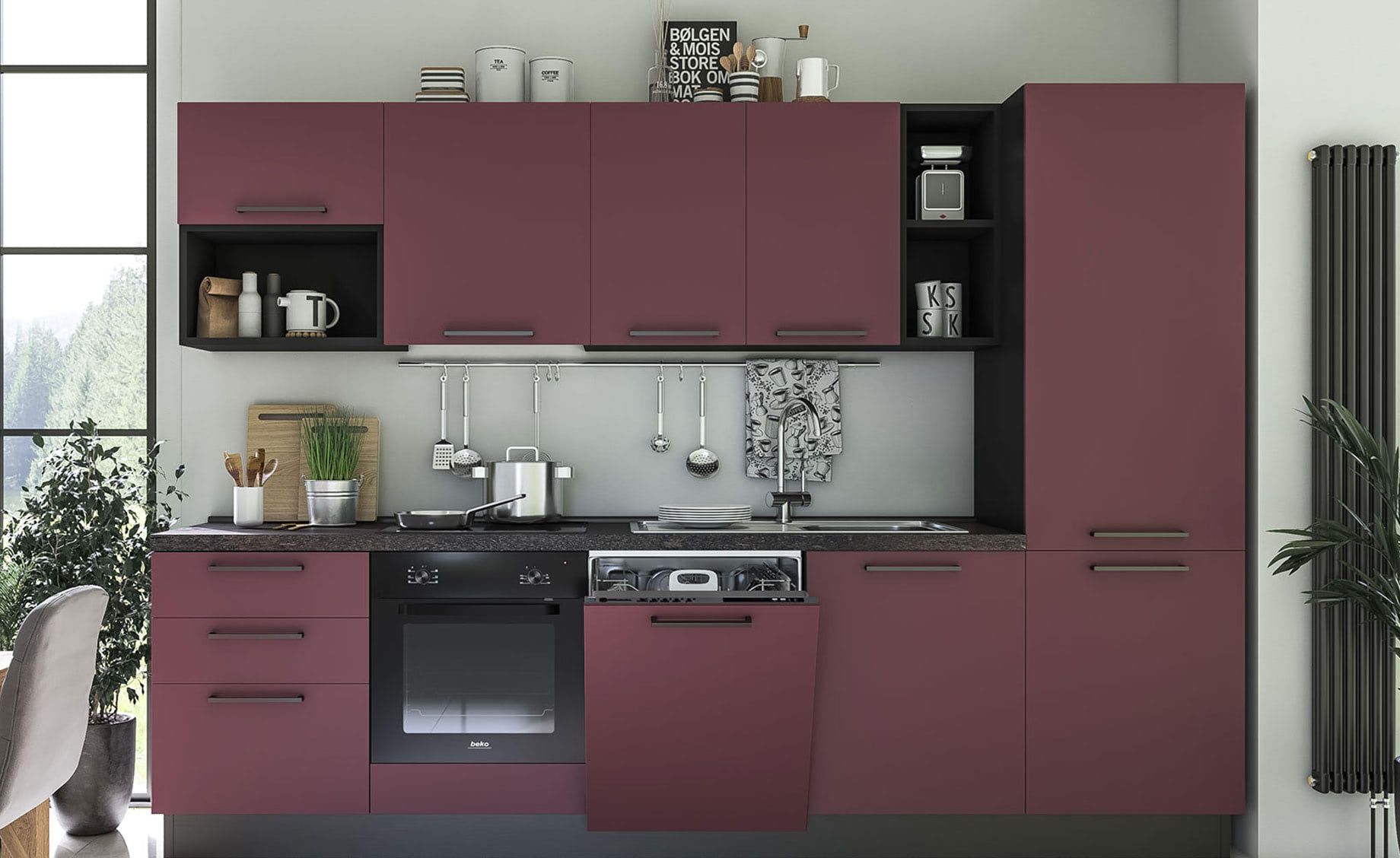 Selene blok kuhinja s aparatima 300x60x216 cm antracit vino crvena desna