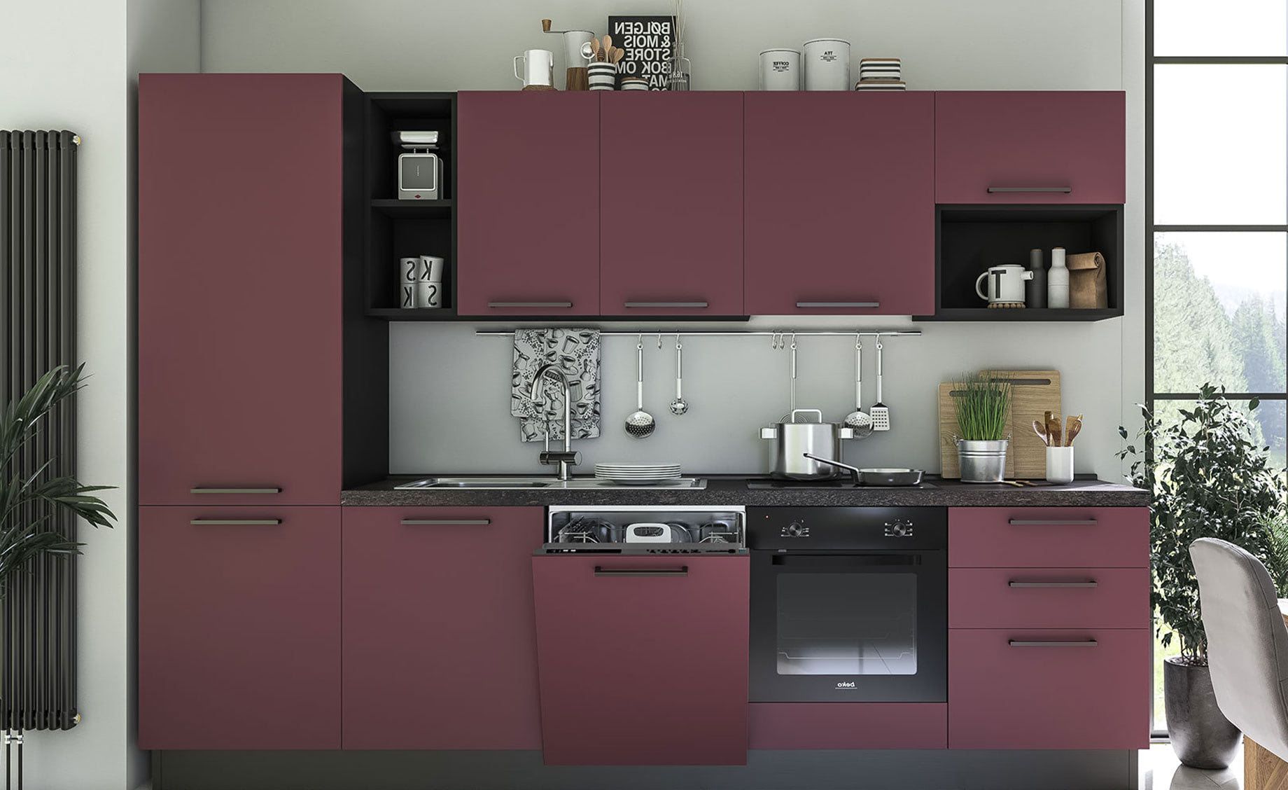 Selene blok kuhinja s aparatima 300x60x216 cm antracit vino crvena lijeva