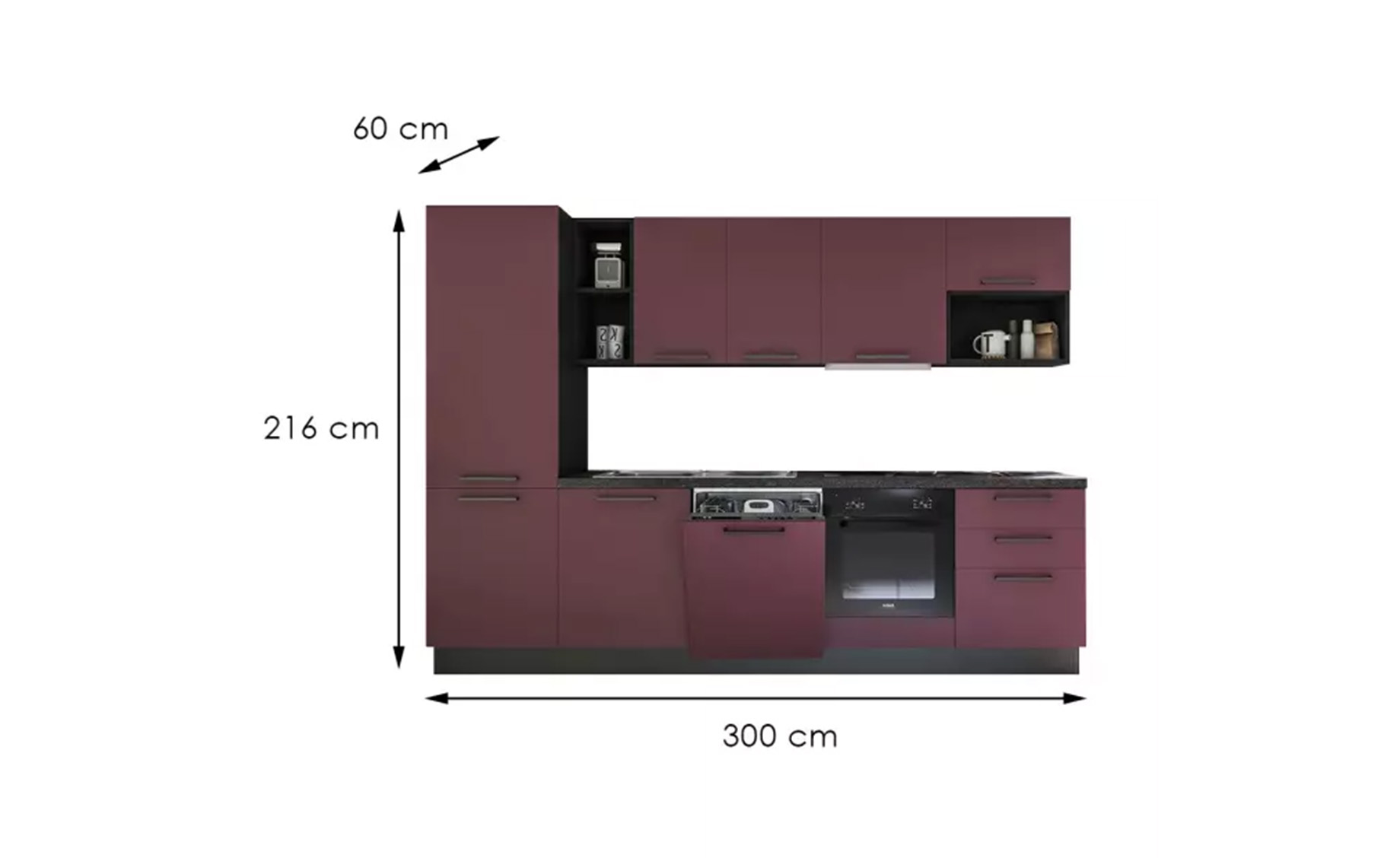 Selene blok kuhinja s aparatima 300x60x216 cm antracit vino crvena lijeva