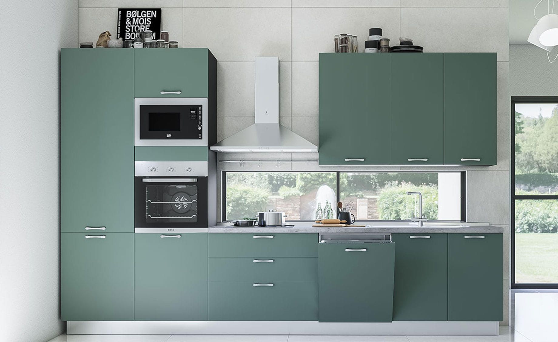 Selene blok kuhinja sa aparatima 360x60x240cm antracit magla zelena leva