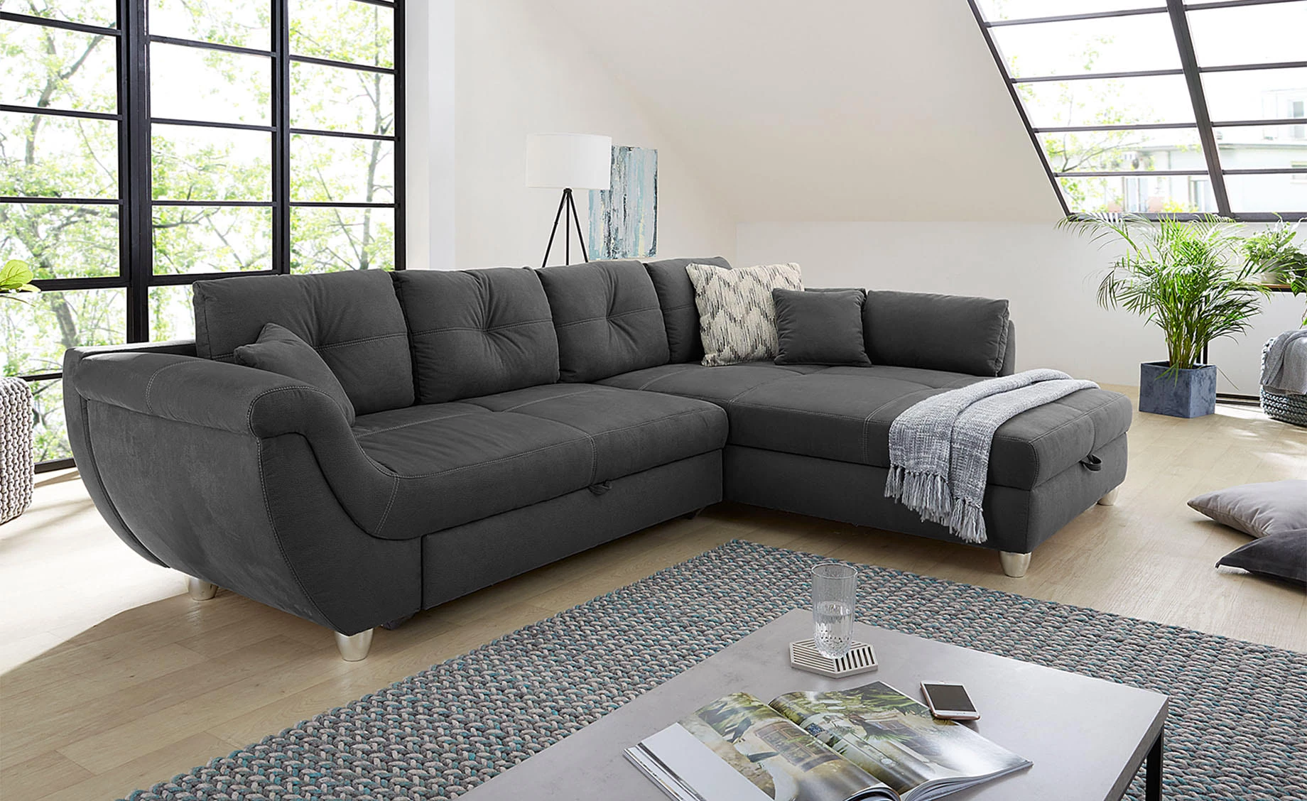 Maranello kutna garnitura sa ležajem reverzibilna tamno siva 330x07x72/90 cm
